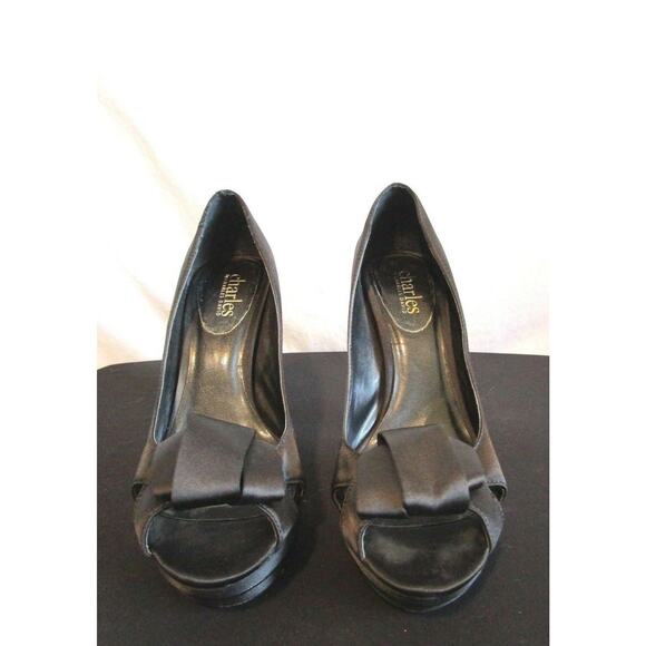EUC!! Charles David Black Satin Bow Peep Toe Platform High Heels Size Women Sz 7 - Picture 2 of 10